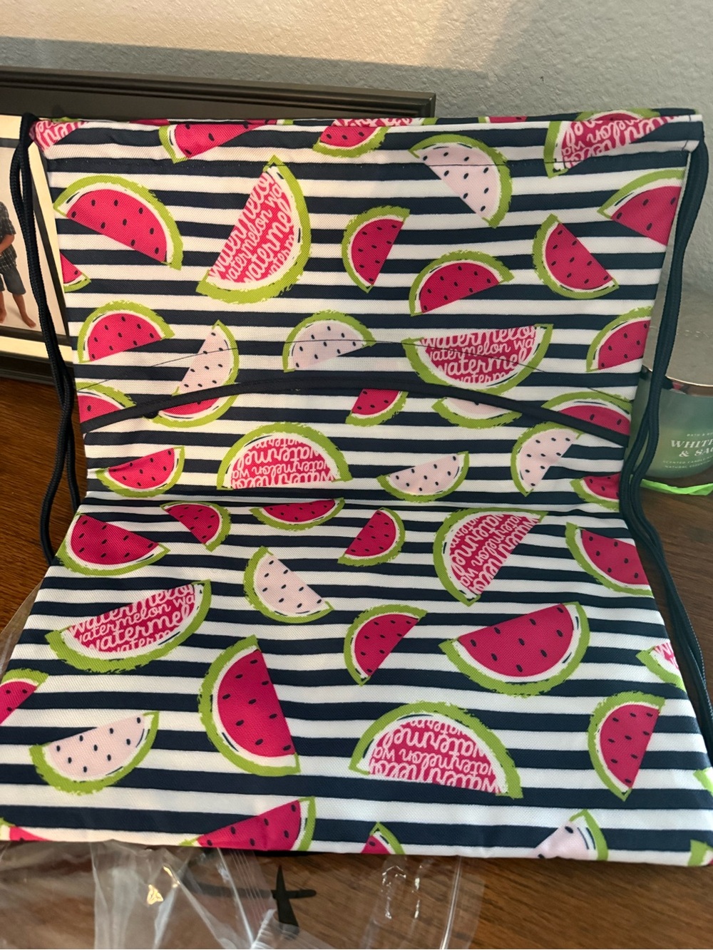 thirty-one Navy Striped Sling Backpack with Pink & Green Watermelon
